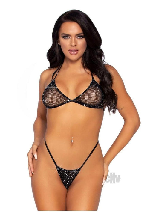 2 Pc Rhinestone Fishnet Bikini Top With G - String - One Size - Black - SexToy.com