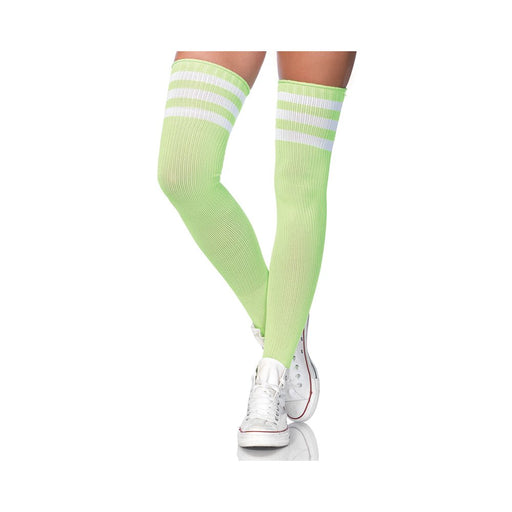 3 Stripes Athletic Ribbed Thigh Highs - One Size - Neon Green - SexToy.com