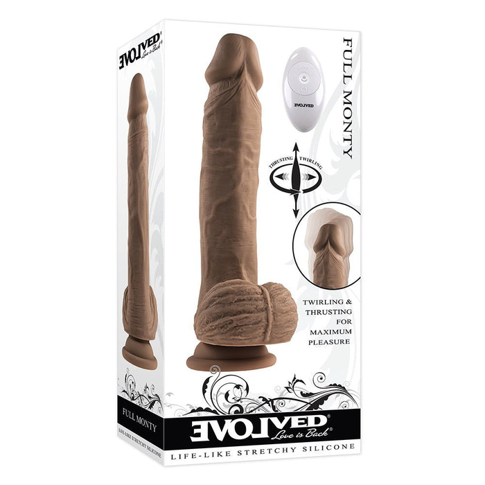 Evolved Full Monty Rechargeable Remote - Controlled Thrusting Twirling 9 in. Silicone Dildo Dark - SexToy.com