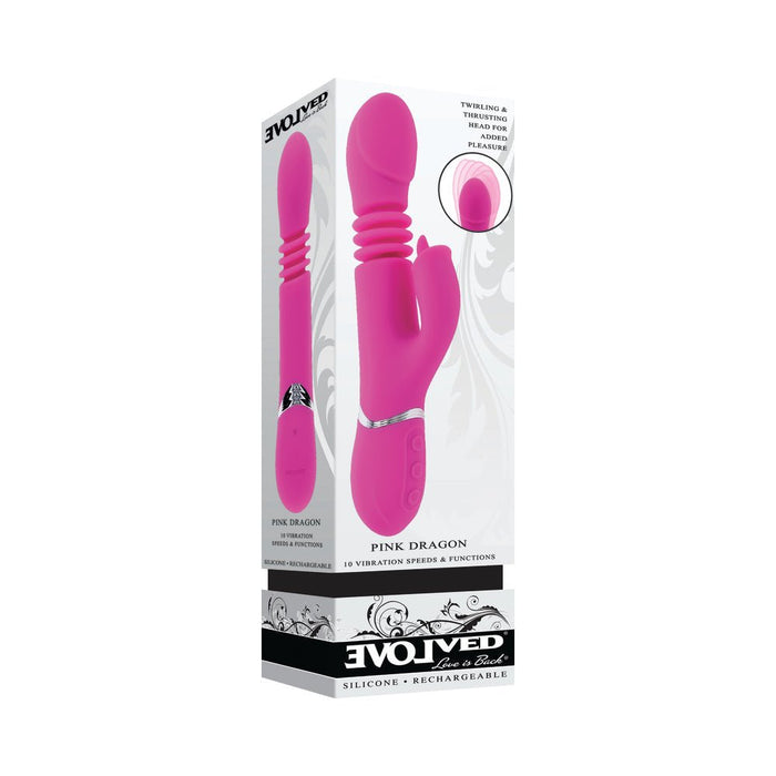 Evolved Pink Dragon Rechargeable Thrusting Dual Stimulator Silicone Pink - SexToy.com