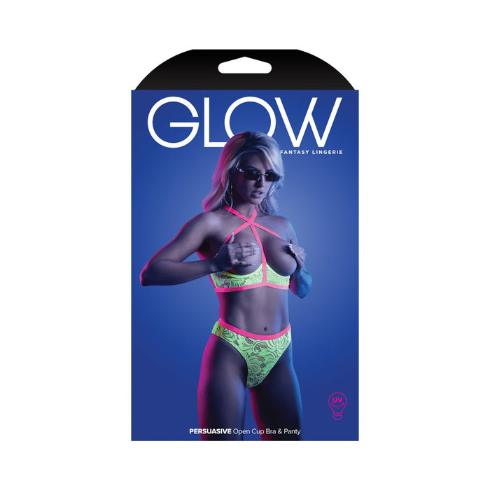 Fantasy Lingerie Glow Persuasive Contrast Elastic Open Cup Lace Cage Bra & Panty Neon Green L/xl - SexToy.com