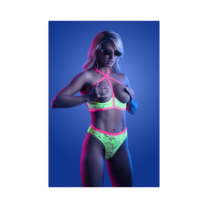 Fantasy Lingerie Glow Persuasive Contrast Elastic Open Cup Lace Cage Bra & Panty Neon Green L/xl - SexToy.com