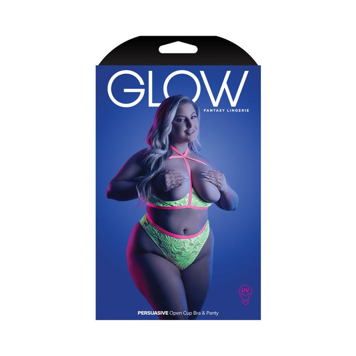 Fantasy Lingerie Glow Persuasive Contrast Elastic Open Cup Lace Cage Bra & Panty Neon Green Queen Si - SexToy.com