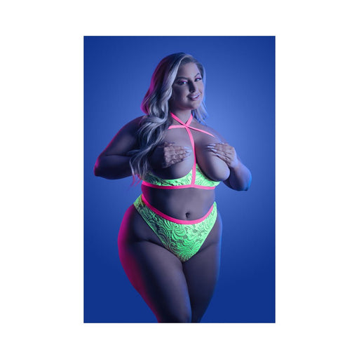 Fantasy Lingerie Glow Persuasive Contrast Elastic Open Cup Lace Cage Bra & Panty Neon Green Queen Si - SexToy.com