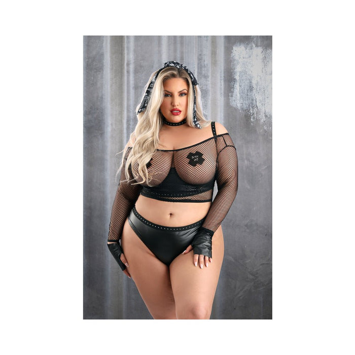 Fantasy Lingerie Play Easy Rider Open Cup Bra: Long Sleeve Fishnet Top: Panty: Choker: Gloves: Bandana & 1 pair of Pasties Costume 3XL/4XL - SexToy.com