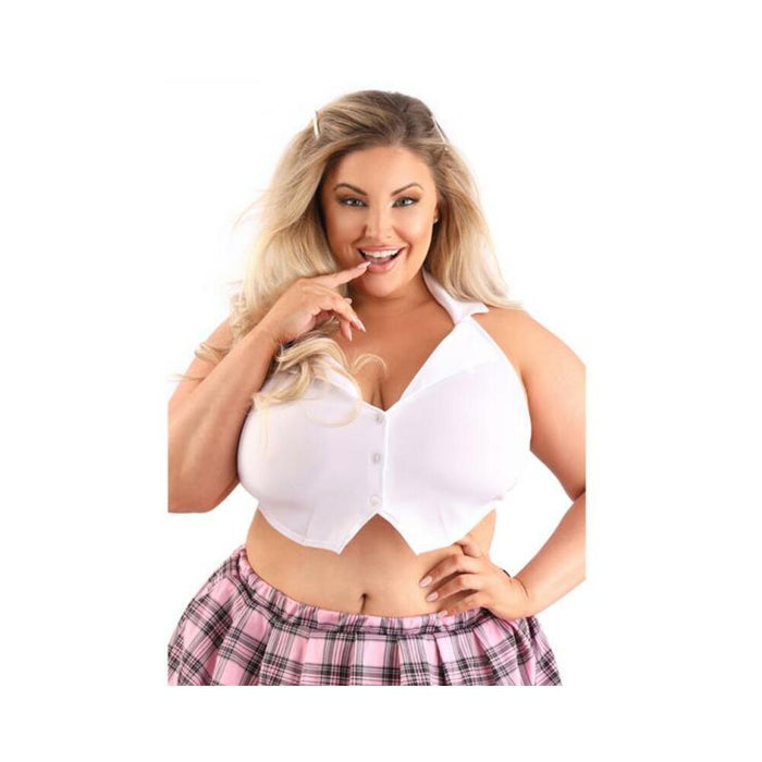 Fantasy Lingerie Play Schoolgirl Top Collared Button Down Halter Top with Tie - Back Closure Costume White O/S - SexToy.com