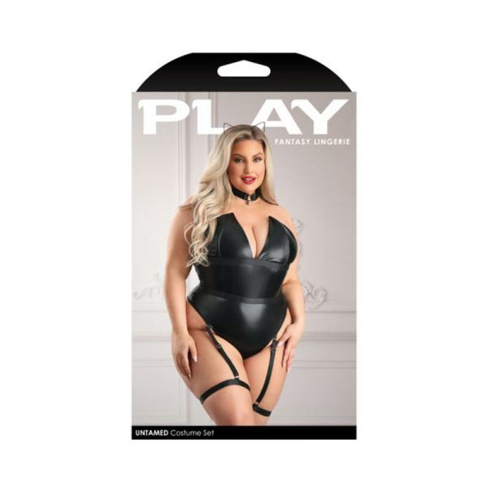 Fantasy Lingerie Play Untamed Structured Wetlook Teddy with Snap Closure: Removable Leg Garters & Headband Costume - SexToy.com