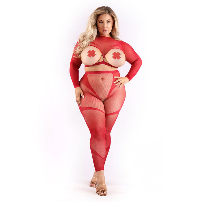 Fantasy Lingerie Sheer Follow Up Longsleeve Open Top: Crotchless Tights & 1 Pair of Pasties Red Queen Size - SexToy.com