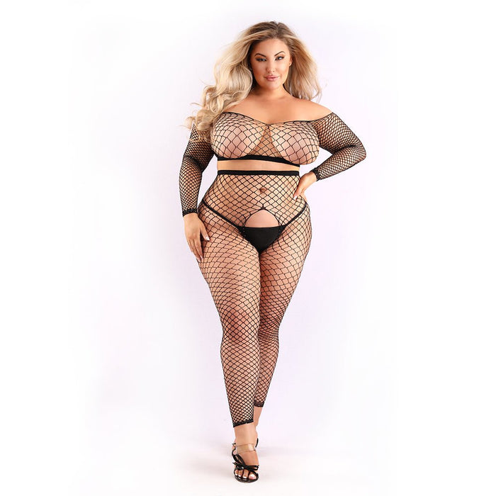 Fantasy Lingerie Sheer Stunner Rhinestone Fishnet Longsleeve Top & Crotchless Tights Black Queen Size - SexToy.com