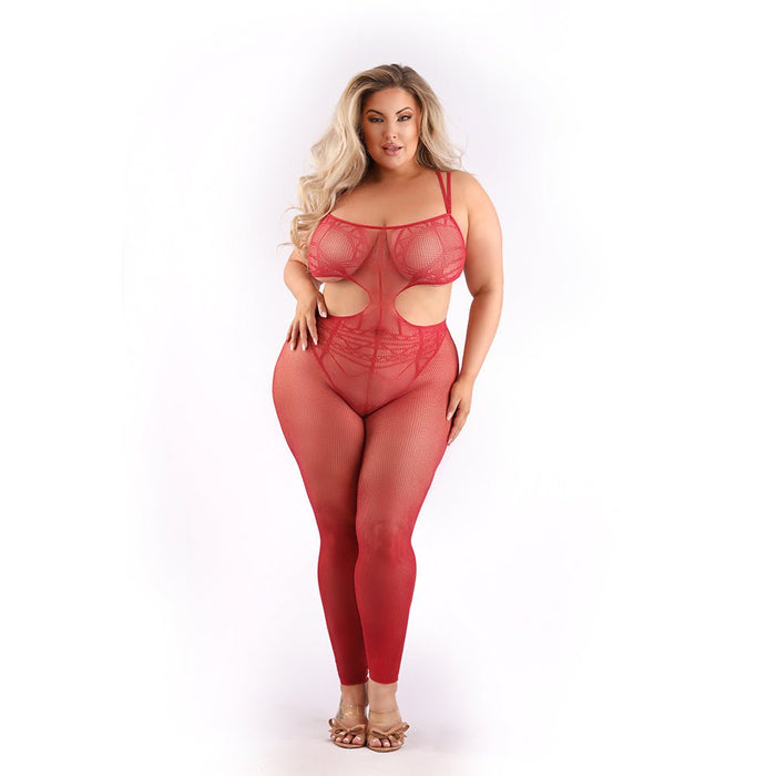 Fantasy Lingerie Sheer Unforgettable Cut - out Bodystocking Red Queen Size - SexToy.com