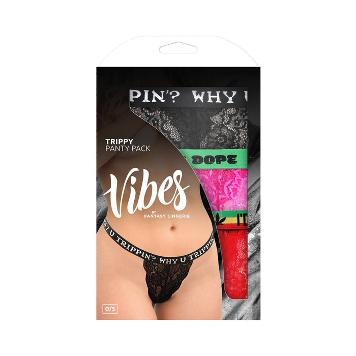 Fantasy Lingerie Vibes Trippy Vibes Pack 3 - piece Lace Thong Panty Set Black/red/pink O/s - SexToy.com