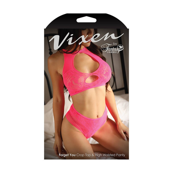 Fantasy Lingerie Vixen Forget You Seamless Lace Crop Top & High Waisted Panty Pink O/S - SexToy.com