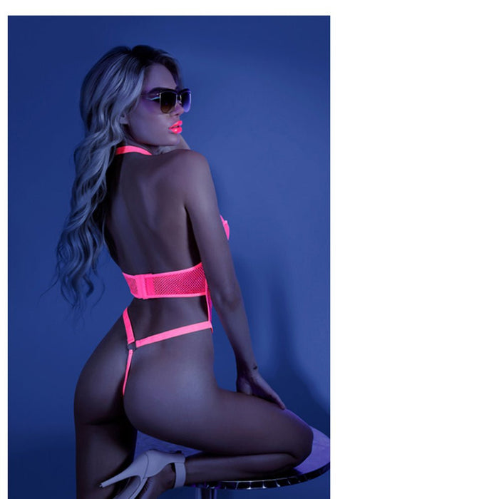 Glow Black Light Harness Mesh Body Suit Neon Pink L/XL - SexToy.com