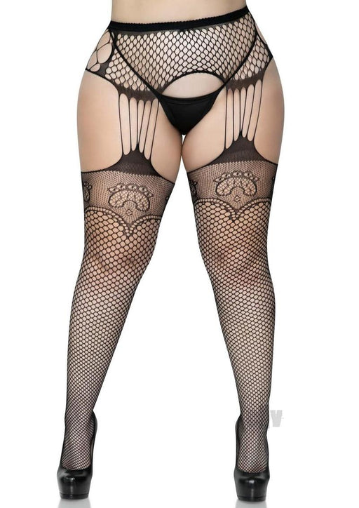 Industrial Net Stockings With Duchess Lace Top and Attached Multi Strand Garter Belt - 1x/2x - Black - SexToy.com