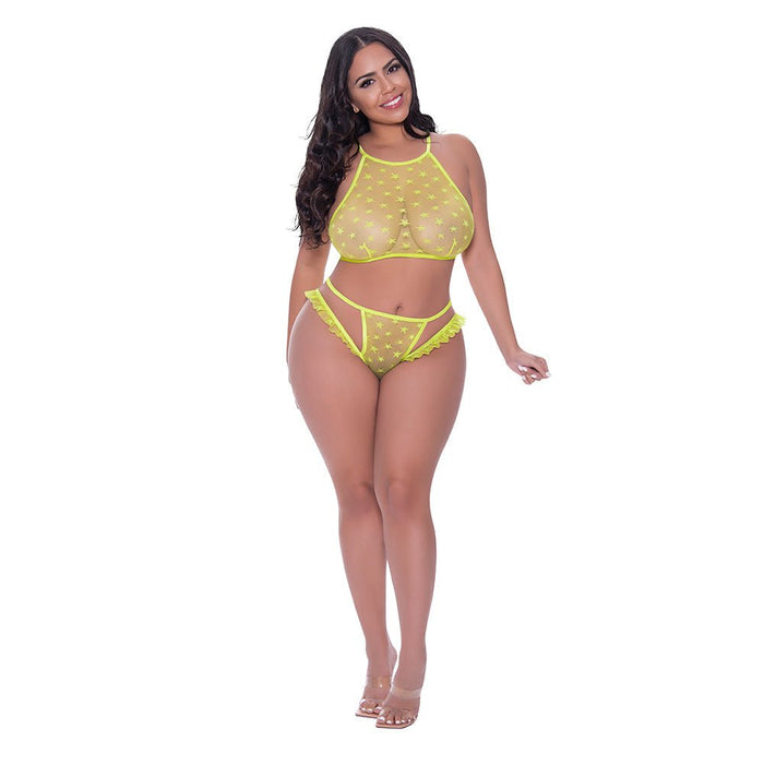 Magic Silk Love Star Halter Crop Bra & Cheeky Panty Set Neon Chartreuse Queen Size - SexToy.com