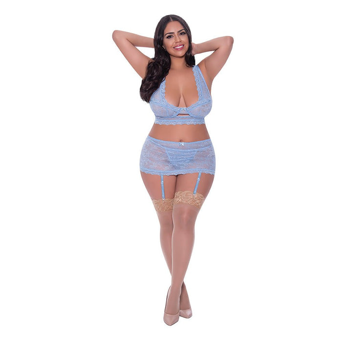 Magic Silk Ooh La Lace Bralette, Garter Skirt & G - string Set Periwinkle Queen Size - SexToy.com