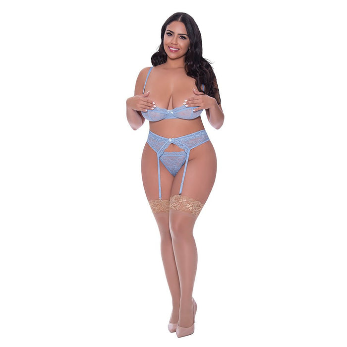 Magic Silk Ooh La Lace Demi Bra, Garter & Tanga Set Periwinkle Queen Size - SexToy.com