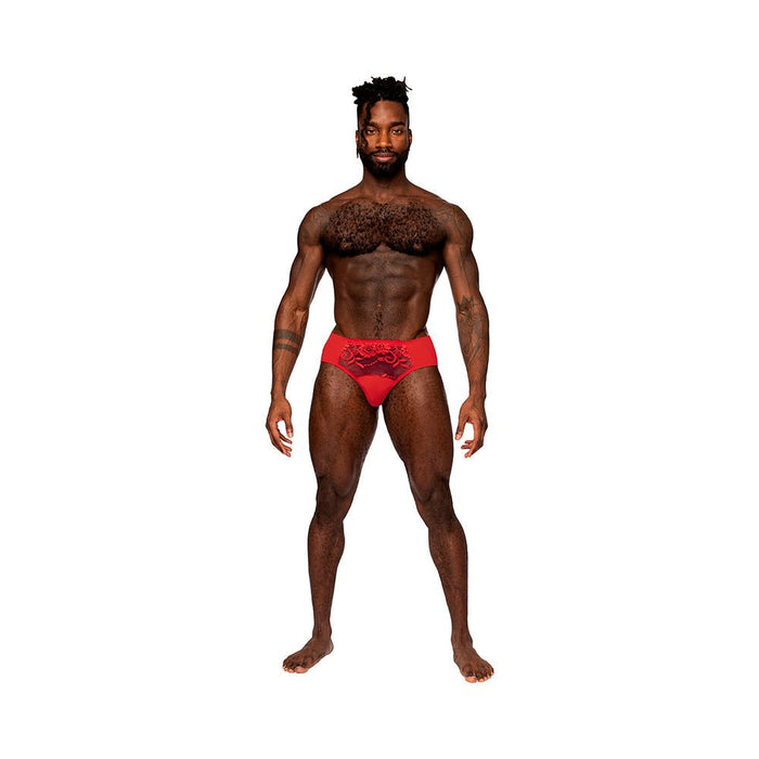 Male Power Sassy Lace Bikini Solid Pouch Red L - SexToy.com