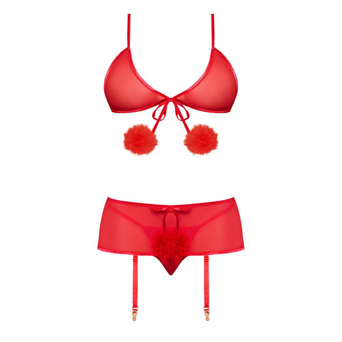 MS Marabou Bra, Garter Skirt &G Set Red - SexToy.com