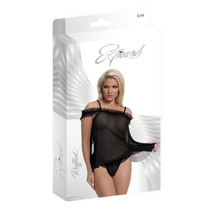 MS Ruffled Baby Doll & Thong Blk S/M - SexToy.com