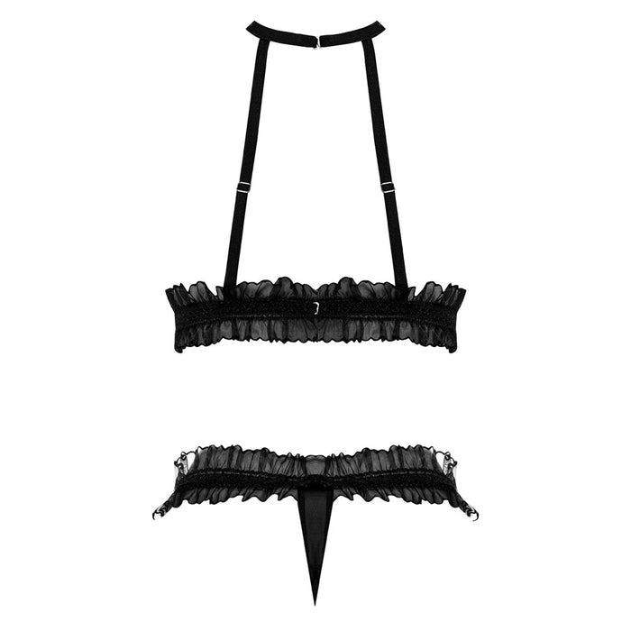 MS Ruffled Bra&Split Crotch Thong Blk S/ - SexToy.com