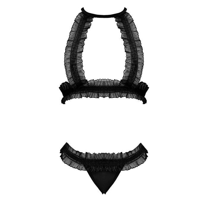 MS Ruffled Bra&Split Crotch Thong Blk S/ - SexToy.com