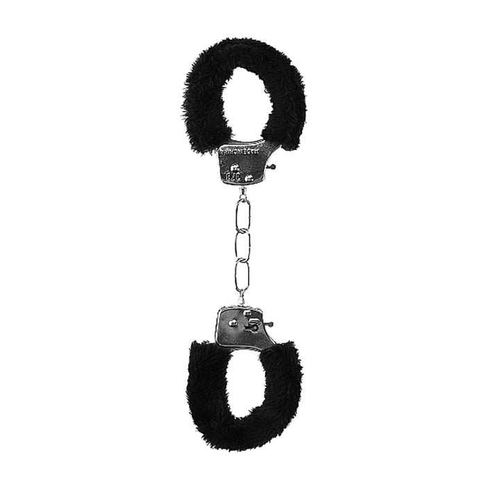 Ouch! Black & White Beginner Pleasure Furry Wrist Cuffs With Quick - release Button - SexToy.com