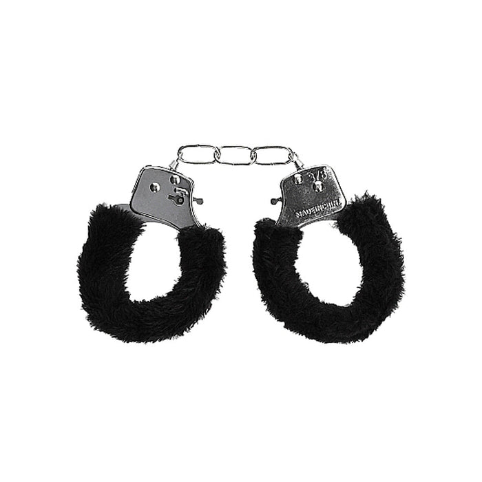 Ouch! Black & White Beginner Pleasure Furry Wrist Cuffs With Quick - release Button - SexToy.com