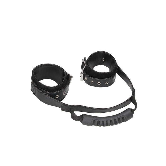 Ouch! Black & White Bonded Leather Hand Cuffs With Handle With Adjustable Straps Black - SexToy.com