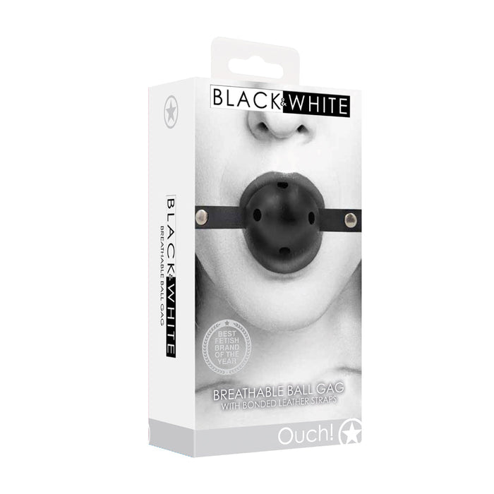 Ouch! Black & White Breathable Ball Gag With Bonded Leather Straps Black - SexToy.com