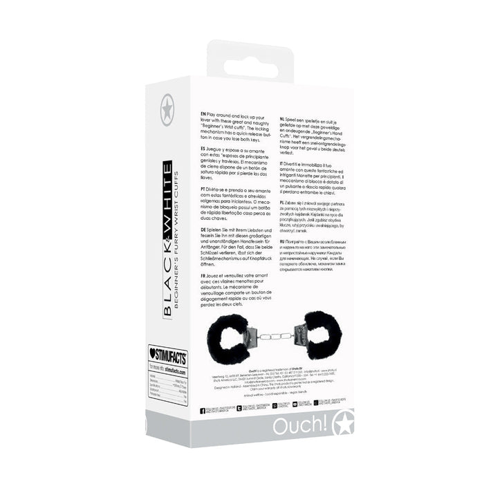 Ouch! Black & White Pleasure Furry Handcuffs With Quick - release Button - SexToy.com