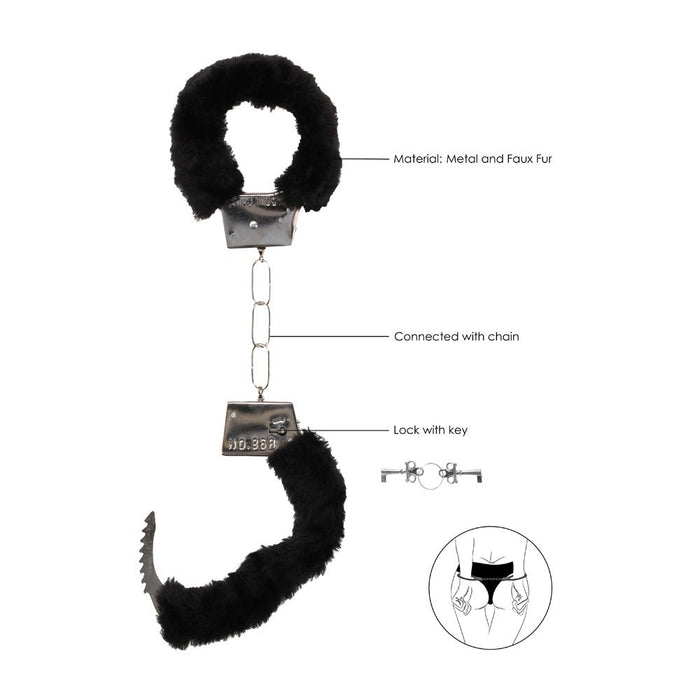 Ouch! Black & White Pleasure Furry Handcuffs With Quick - release Button - SexToy.com