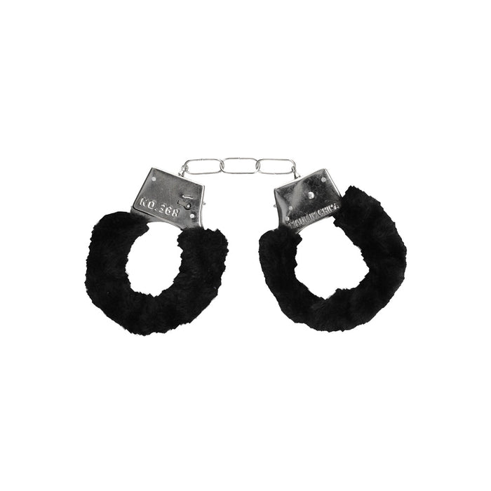 Ouch! Black & White Pleasure Furry Handcuffs With Quick - release Button - SexToy.com