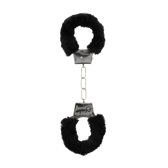 Ouch! Black & White Pleasure Furry Handcuffs With Quick - release Button - SexToy.com