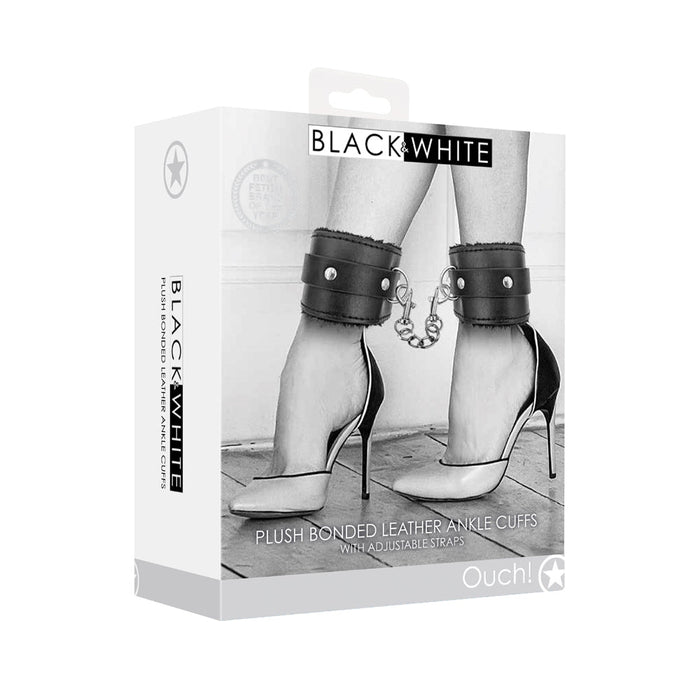 Ouch! Black & White Plush Bonded Leather Ankle Cuffs With Adjustable Straps Black - SexToy.com