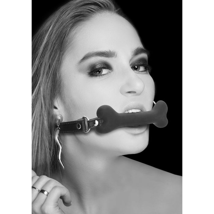 Ouch! Black & White Silicone Bone Gag With Adjustable Bonded Leather Straps Black - SexToy.com