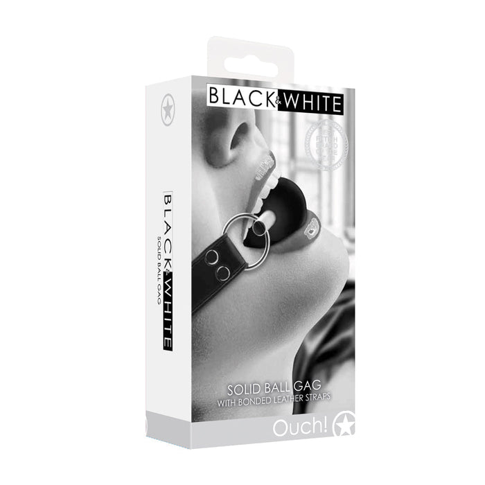 Ouch! Black & White Solid Rubber Ball Gag With Bonded Leather Straps Black - SexToy.com