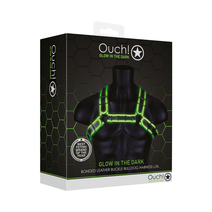 Ouch! Glow Buckle Bulldog Harness - Glow In The Dark - Green - L/xl - SexToy.com