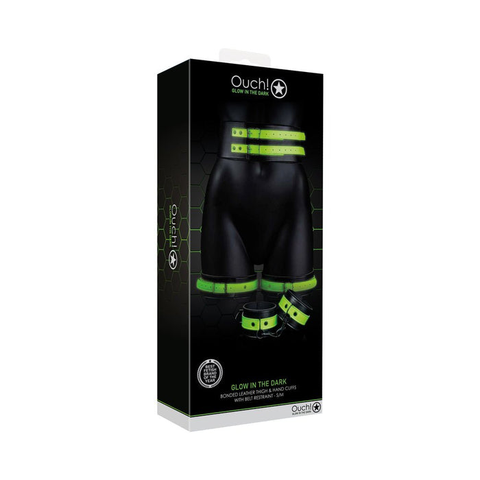 Ouch! Glow Thigh Cuffs, Hand Cuffs & Belt - Glow In The Dark - Green - S/m - SexToy.com