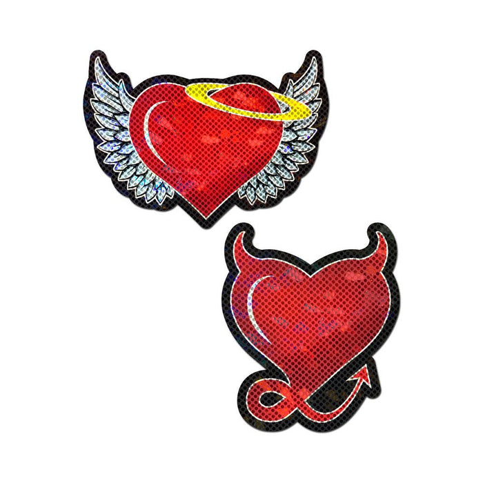 Pastease Angel & Devil Heart: Red Glitter Hearts With Wings, Halo, Horns & Tail Nipple Pasties - SexToy.com