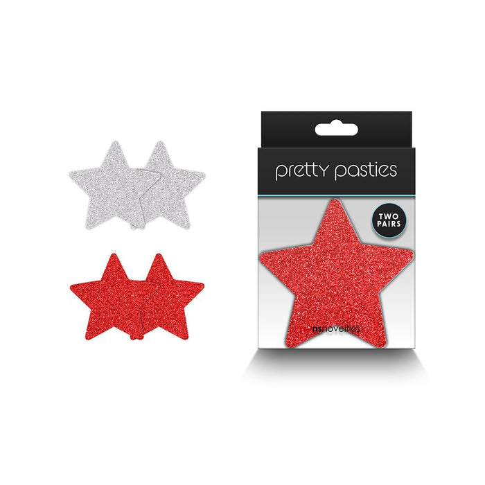 Pretty Pasties Glitter Stars Red/silver 2 Pair - SexToy.com