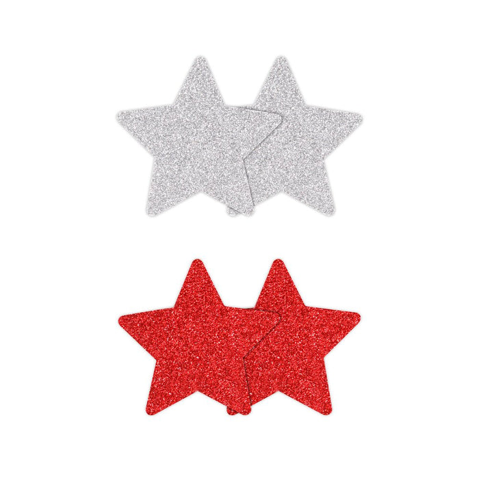 Pretty Pasties Glitter Stars Red/silver 2 Pair - SexToy.com