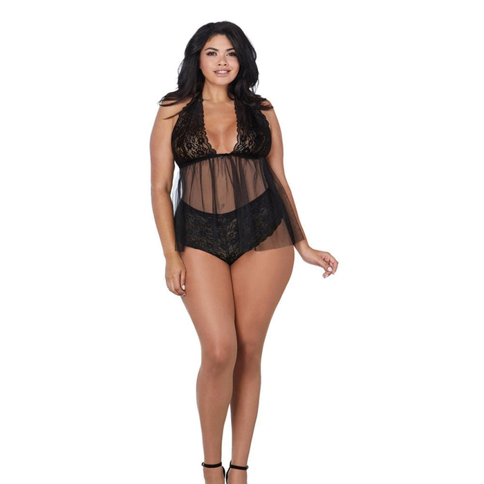 Retro Stretch Lace Halter Babydoll w/Panty (Higher Waist) Black QN - SexToy.com