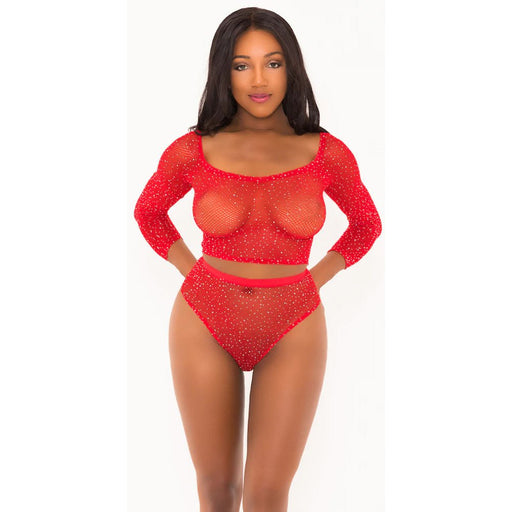 Rhinestone Crop Top With Matching Panty Red O/S - SexToy.com