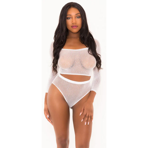 Rhinestone Crop Top With Matching Panty White O/S - SexToy.com