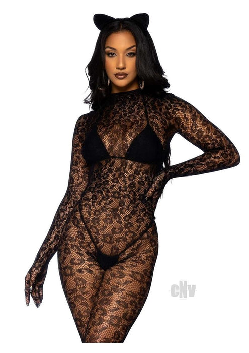 Seamless Leopard Glove Catsuit Os Blk - SexToy.com