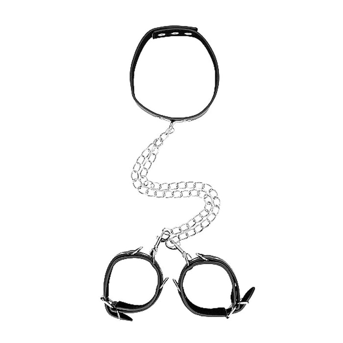 Shots Ouch Black & White Bonded Leather Collar w/Hand Cuffs - Black - SexToy.com