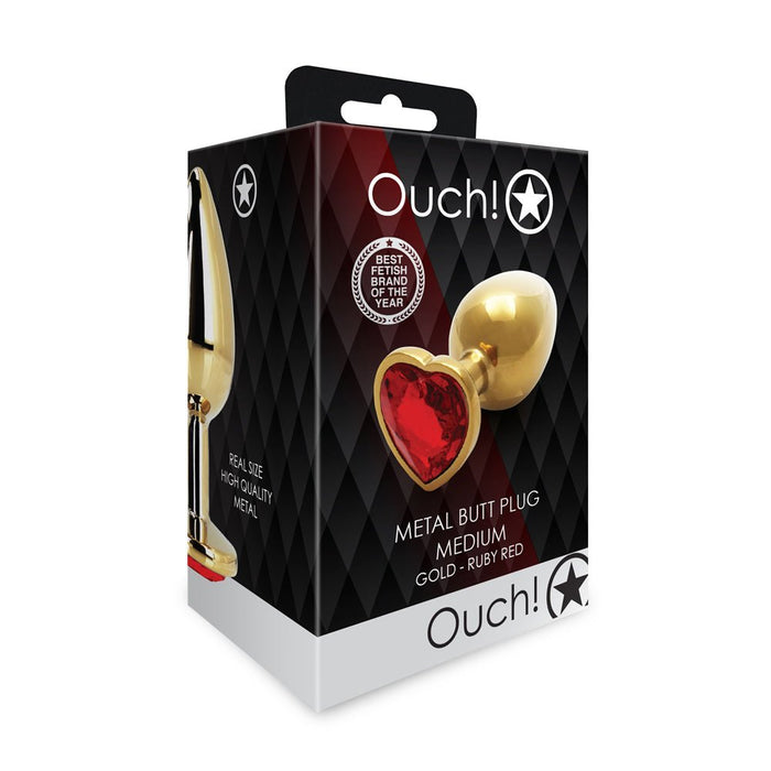 Shots Ouch! Heart Gem Butt Plug Medium Gold/ruby Red - SexToy.com