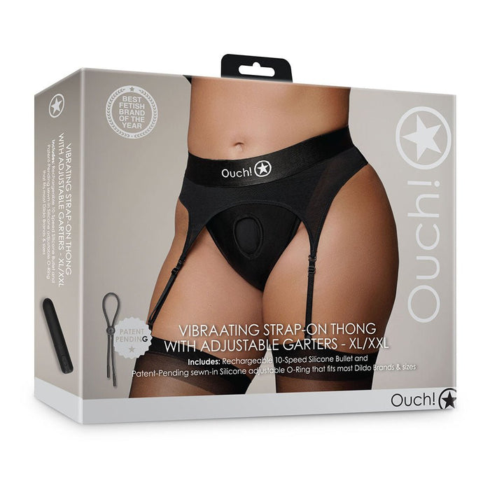 Shots Ouch Vibrating Strap On Thong W/adjustable Garters - Black Xl/xxl - SexToy.com