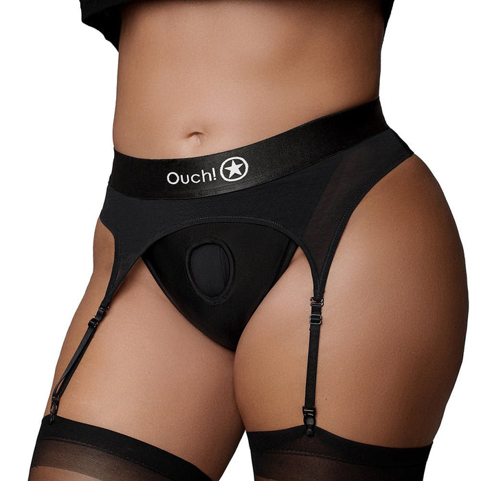 Shots Ouch Vibrating Strap On Thong W/adjustable Garters - Black Xl/xxl - SexToy.com